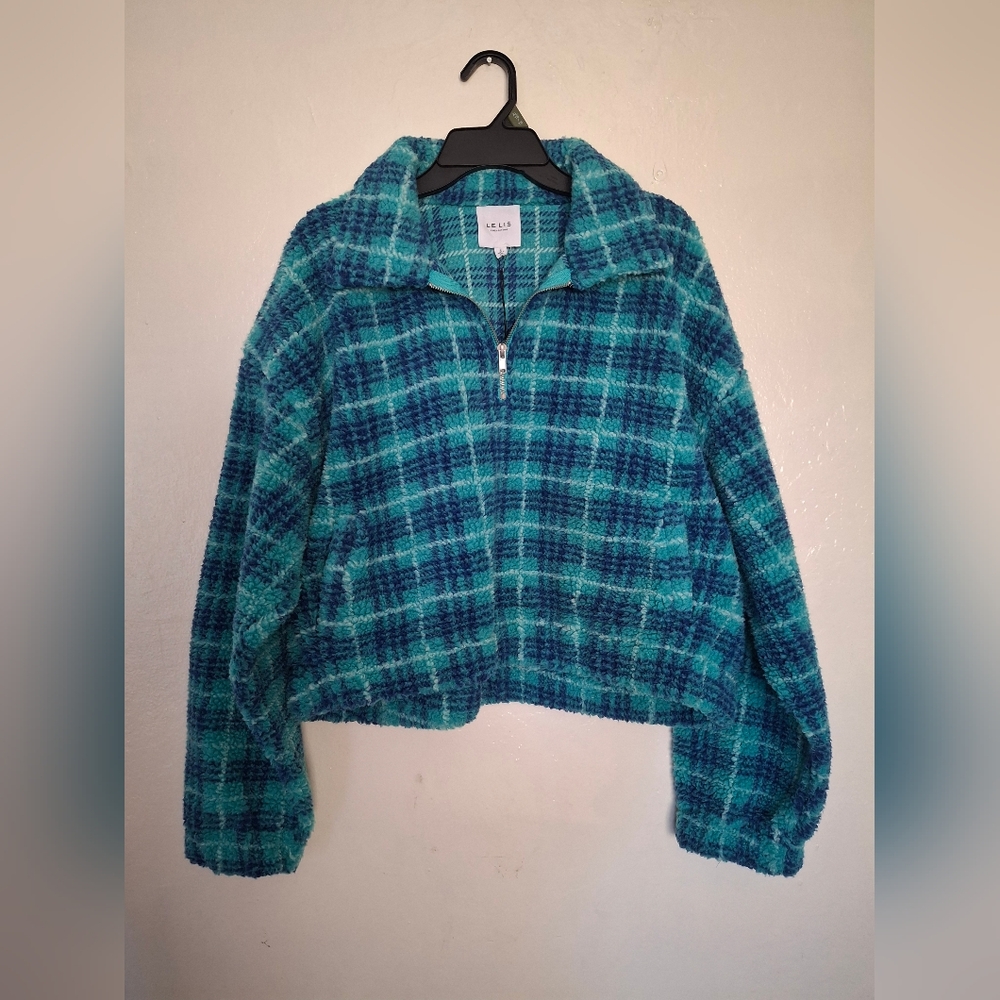 LE LIS NWT Women's Blue Plaid Sherpa Fleece Sweater Jacket